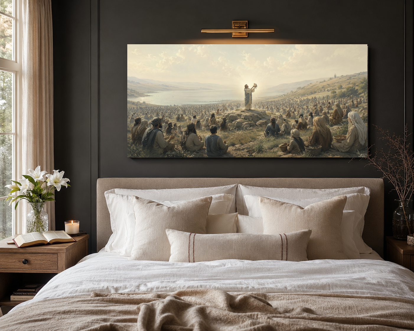 Modern Neutral Christian canvas above bed room mockup