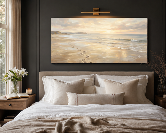 Footprints in the sand canvas above bed room mockup