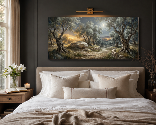 Garden of Gethsemane canvas above bed room mockup