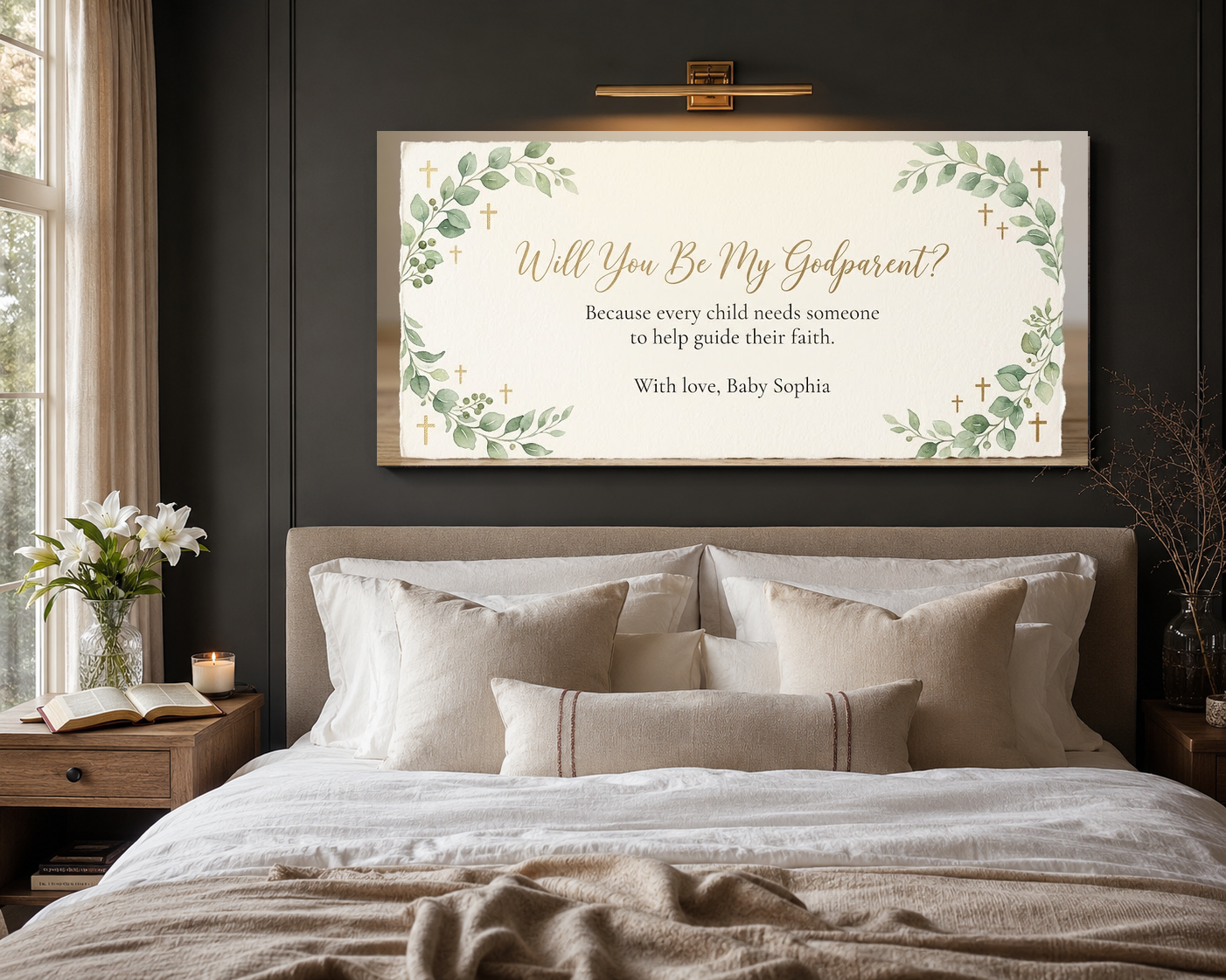 Godparent proposal canvas hung above a modern neutral bed