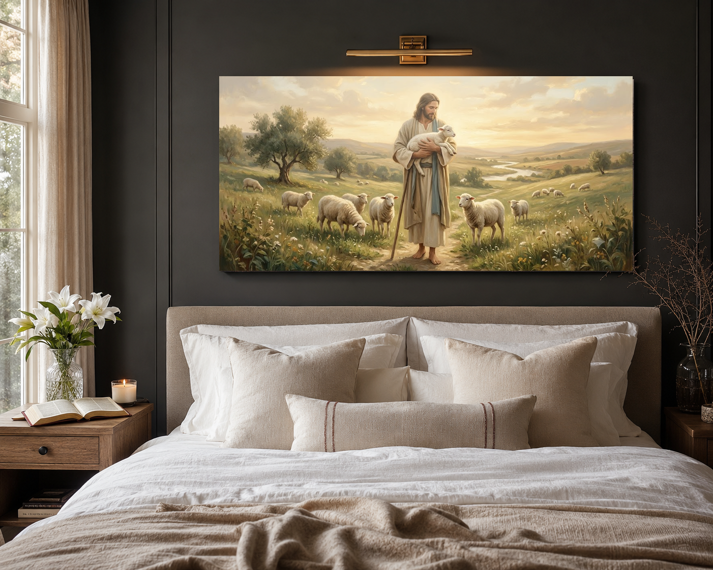 Good Shepherd canvas hung above a modern neutral bed