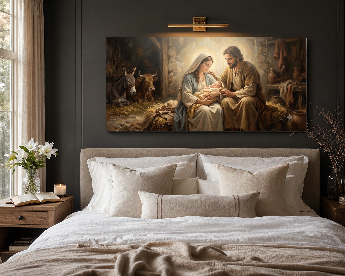 Holy Family canvas hung above a modern neutral bed