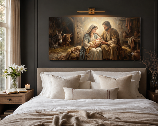 Holy Family canvas hung above a modern neutral bed