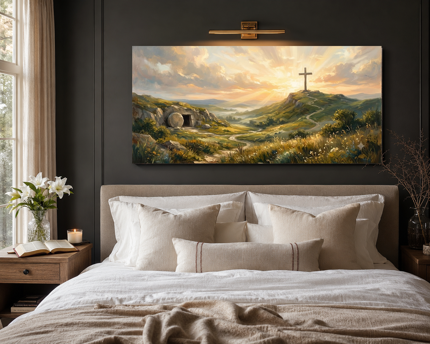 He Is Risen Easter canvas hung above a modern neutral bed