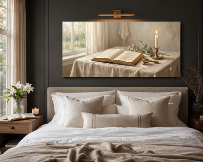 Custom hymn art above bed room mockup