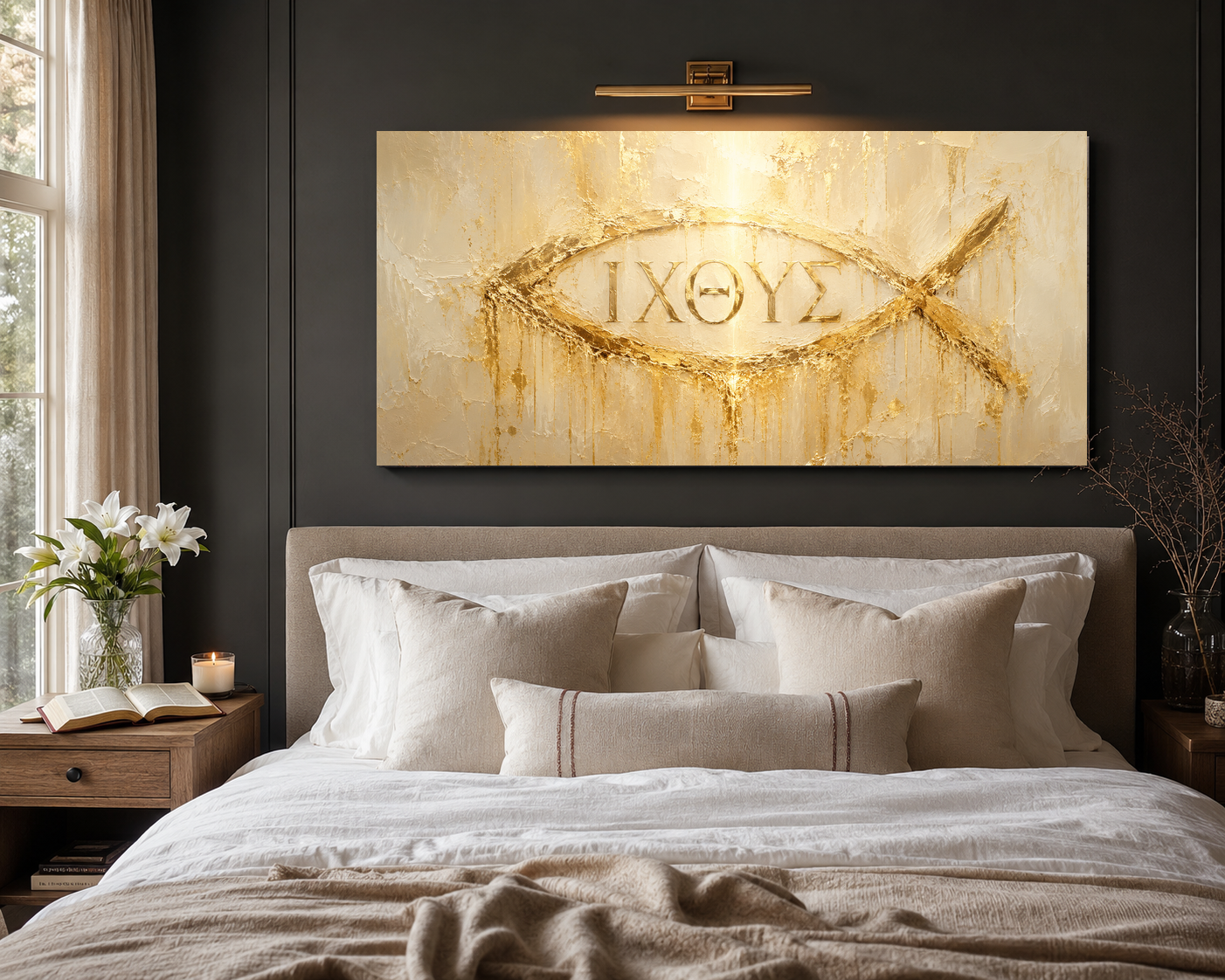Ichthys fish symbol gold abstract canvas above a modern neutral bed