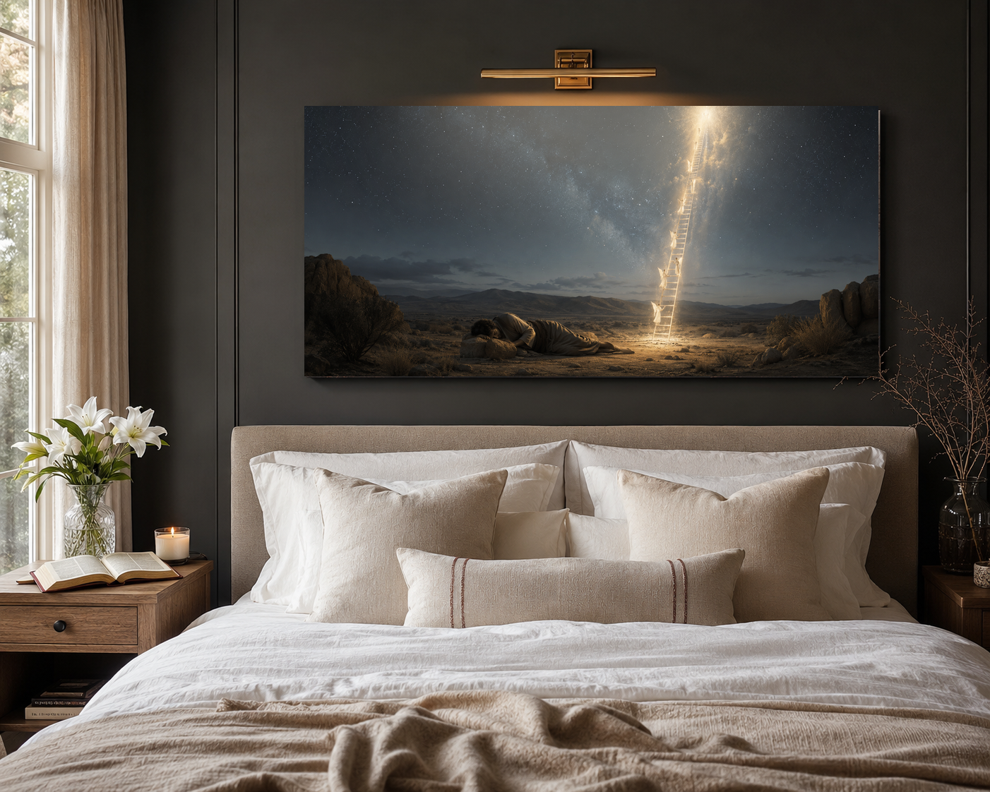 Jacobs Ladder canvas hung above a modern neutral bed