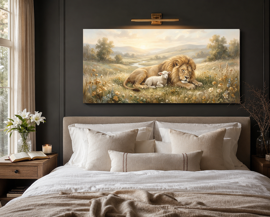 Lion and the lamb canvas above bed room mockup