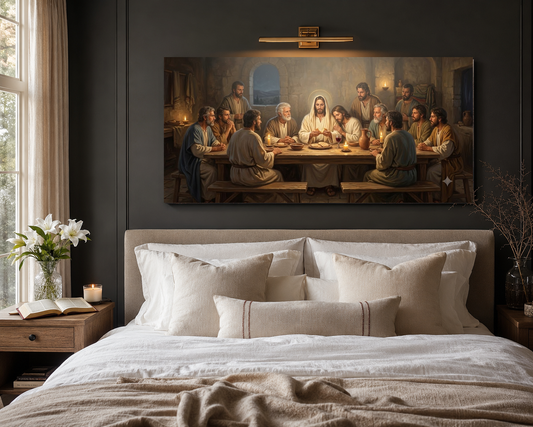 Last Supper canvas hung above a modern neutral bed