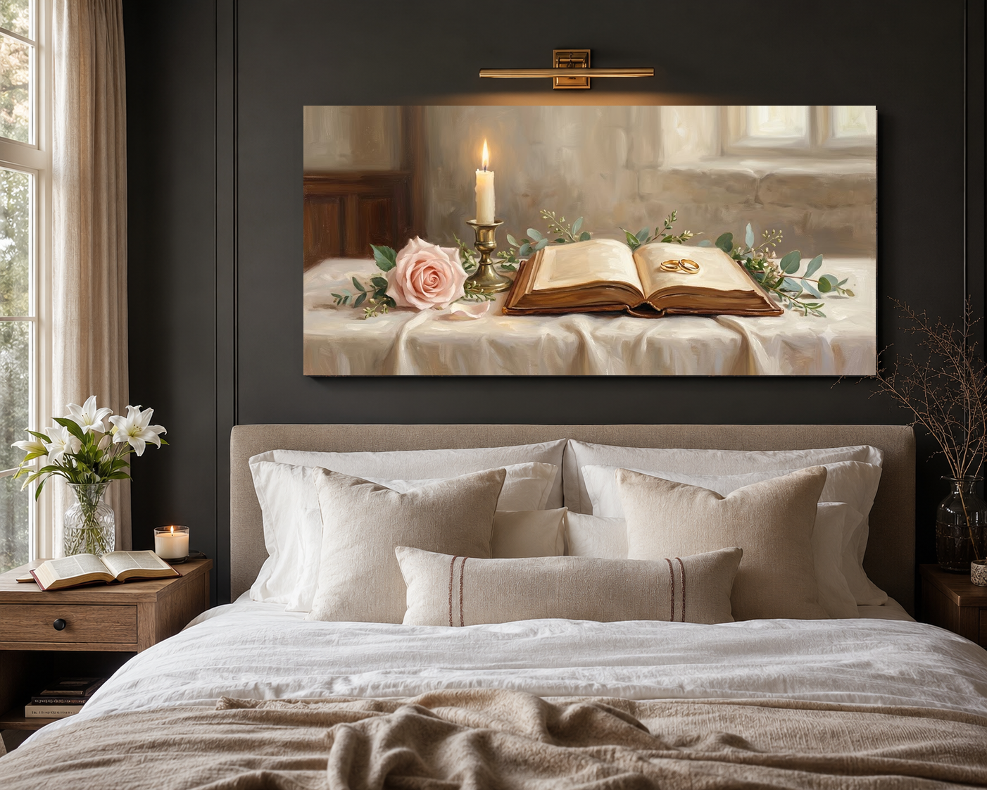 Wedding officiant gift art above bed room mockup