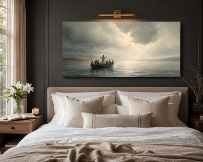 Jesus Calming the Storm Peace Be Still canvas above a modern neutral bed