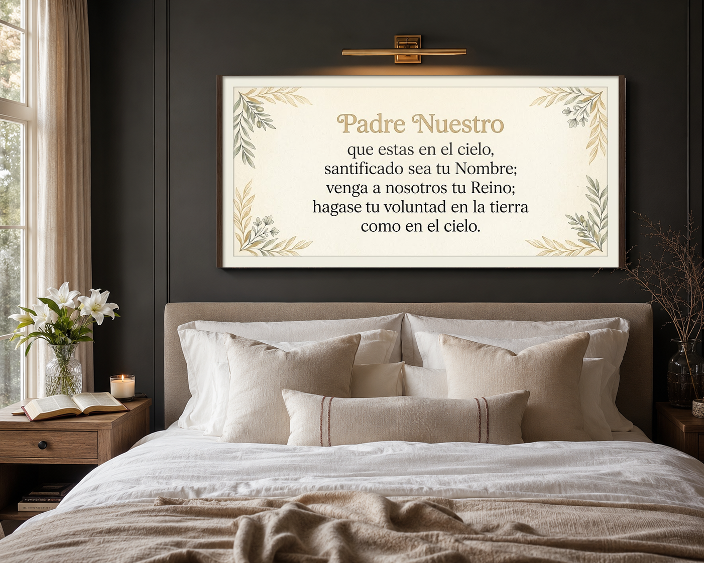 Padre Nuestro canvas hung above a modern neutral bed