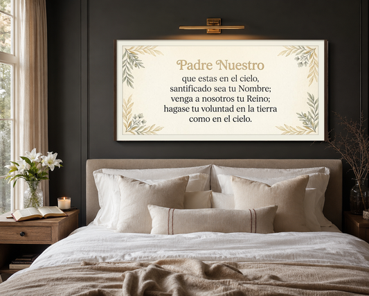 Padre Nuestro canvas hung above a modern neutral bed