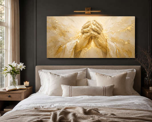Praying Hands gold canvas above bed