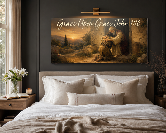 Prodigal Son Luke 15 canvas above bed room mockup
