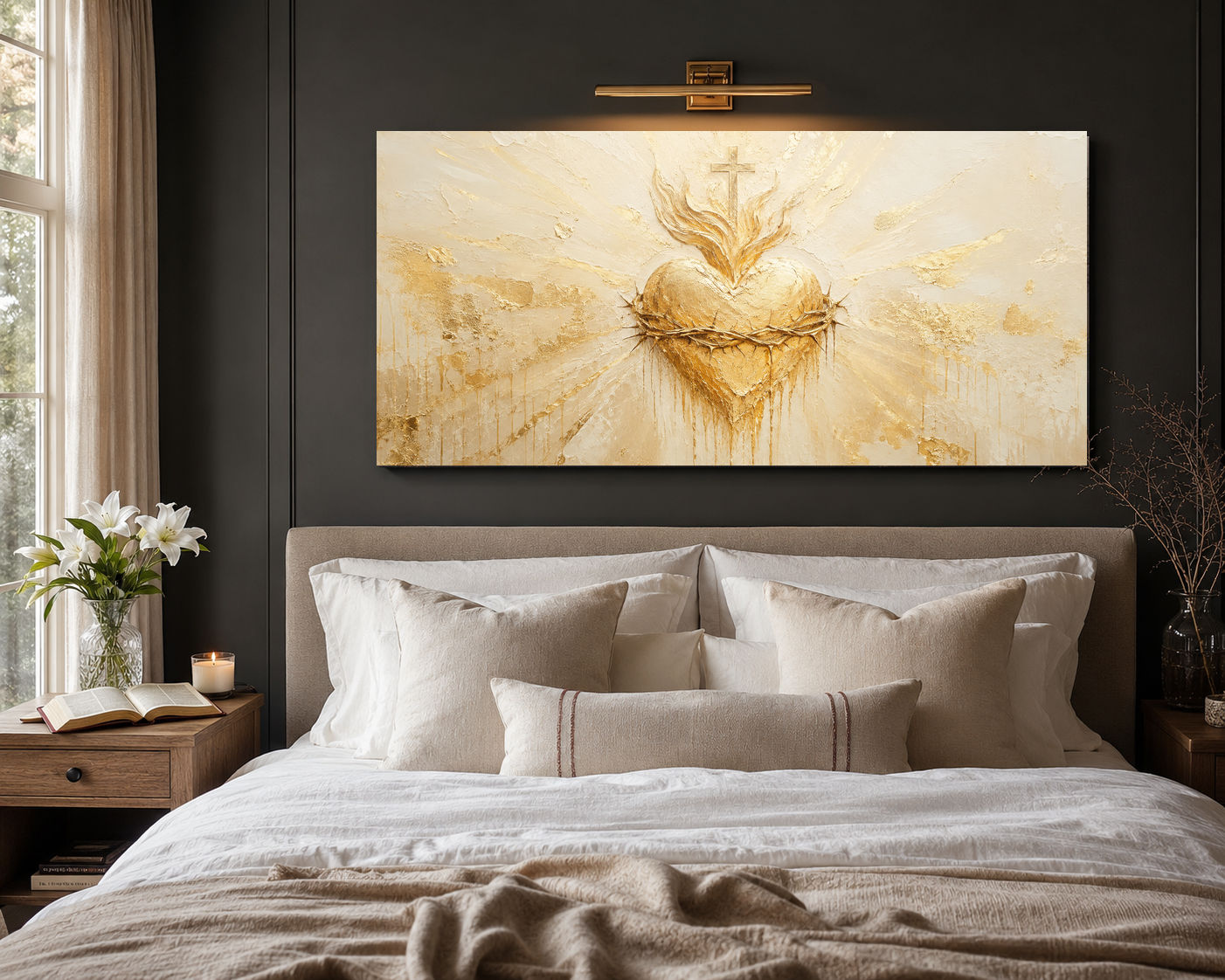 Sacred Heart of Jesus gold canvas above bed