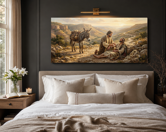 Good Samaritan canvas hung above a modern neutral bed