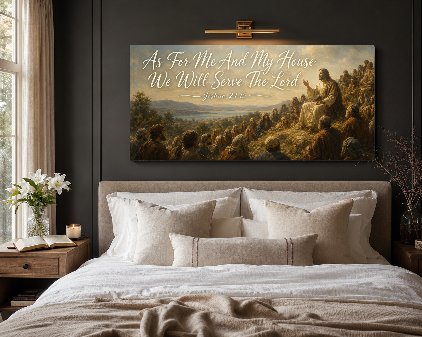 Modern Neutral Christian canvas above bed room mockup