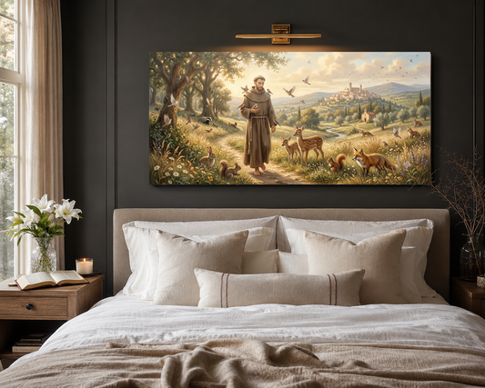 Saint Francis canvas hung above a modern neutral bed