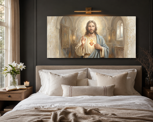 Sacred Heart of Jesus canvas hung above a modern neutral bed