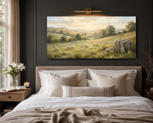 Good Shepherd canvas above bed room mockup