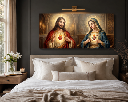 Sacred Heart and Immaculate Heart devotional art above bed room mockup