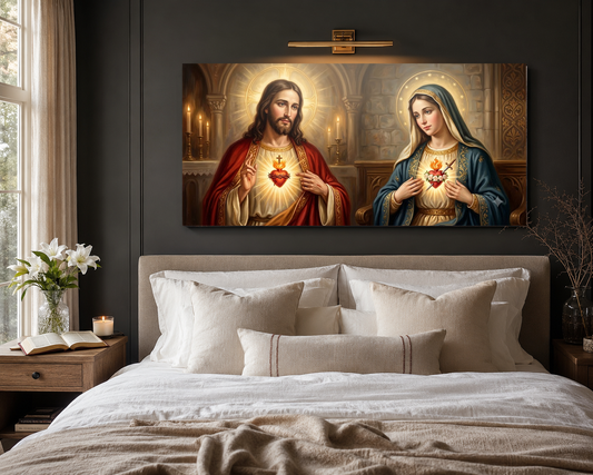 Sacred Heart and Immaculate Heart devotional art above bed room mockup