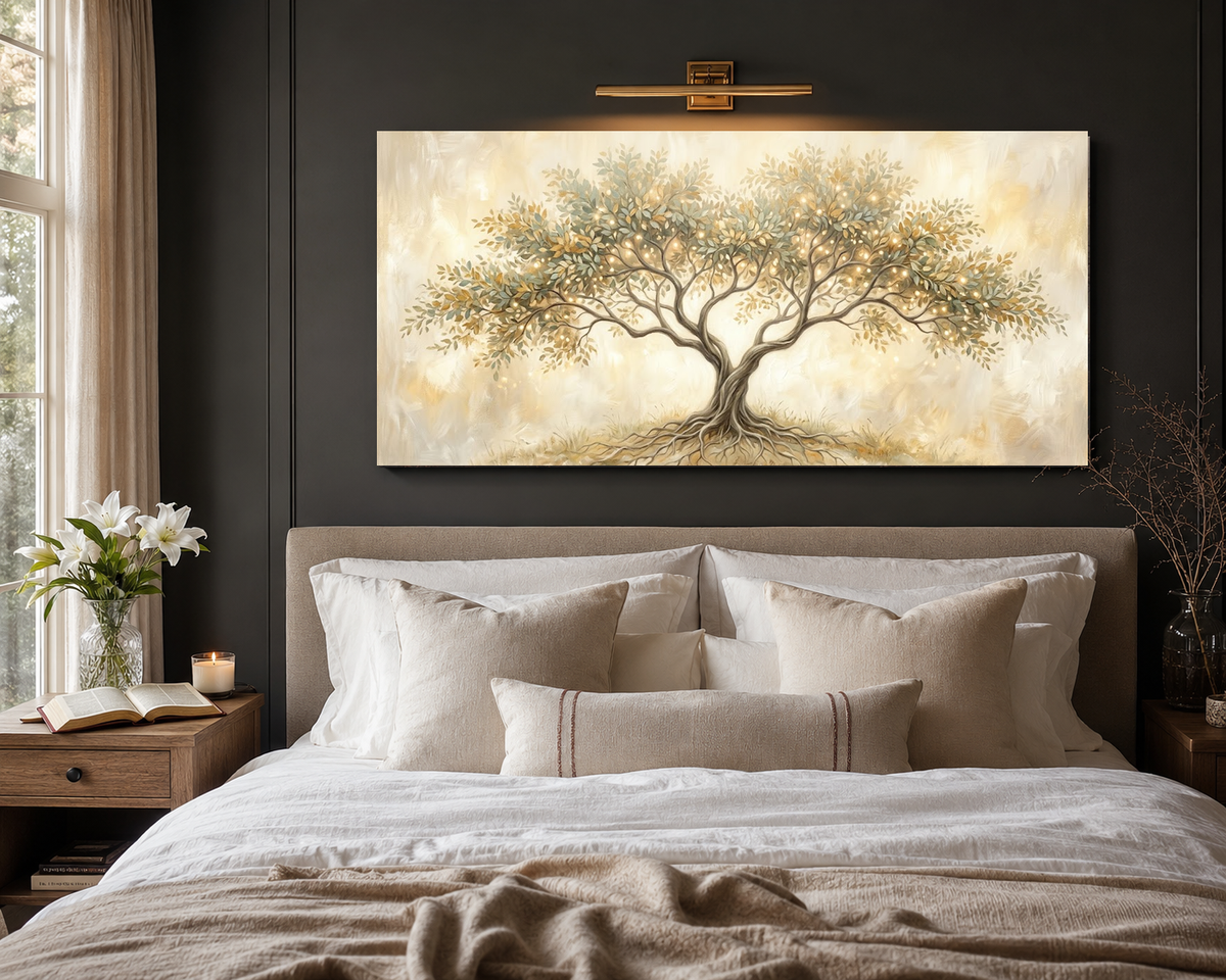 Family tree of life art above bed room mockup