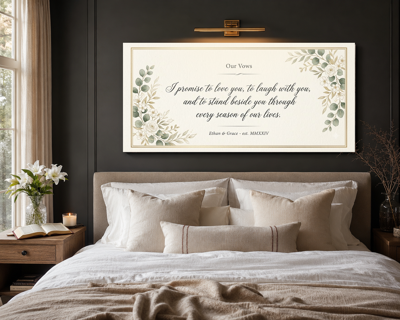 Wedding vows canvas hung above a modern neutral bed