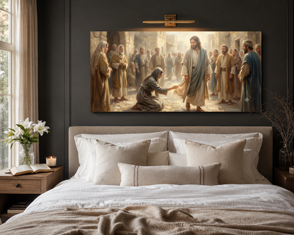 Woman healed by faith canvas hung above a modern neutral bed