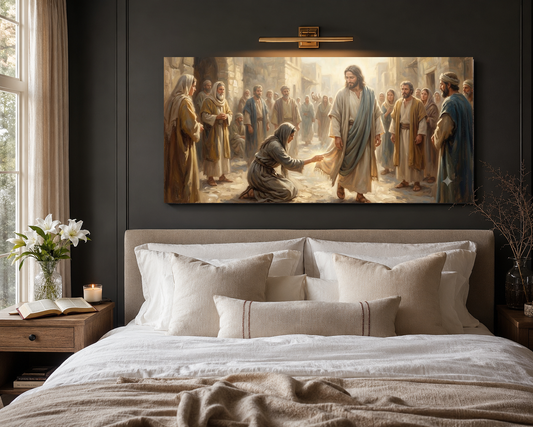 Woman healed by faith canvas hung above a modern neutral bed