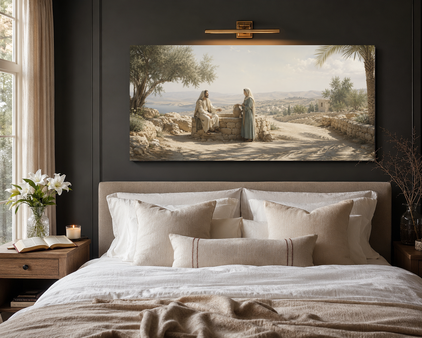 Modern Neutral Christian canvas above bed room mockup