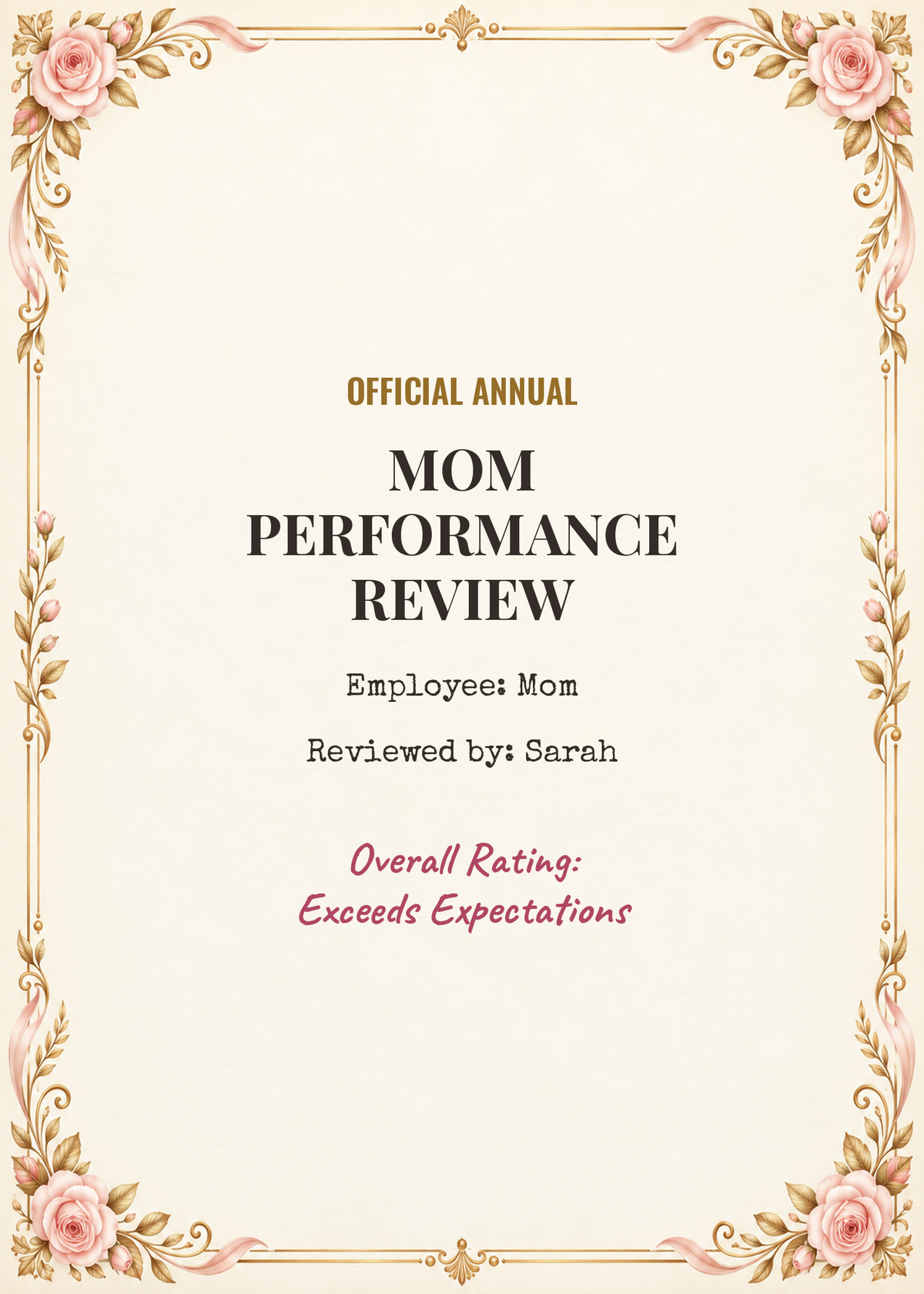 Funny Mom Performance Review card cover with gold and rose border, Exceeds Expectations rating