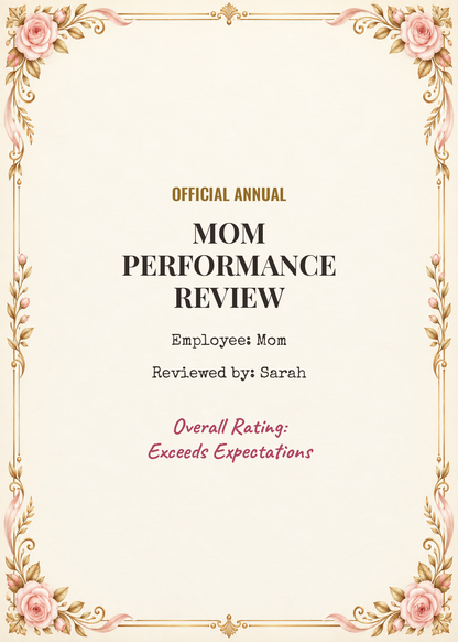 Funny Mom Performance Review card cover with gold and rose border, Exceeds Expectations rating