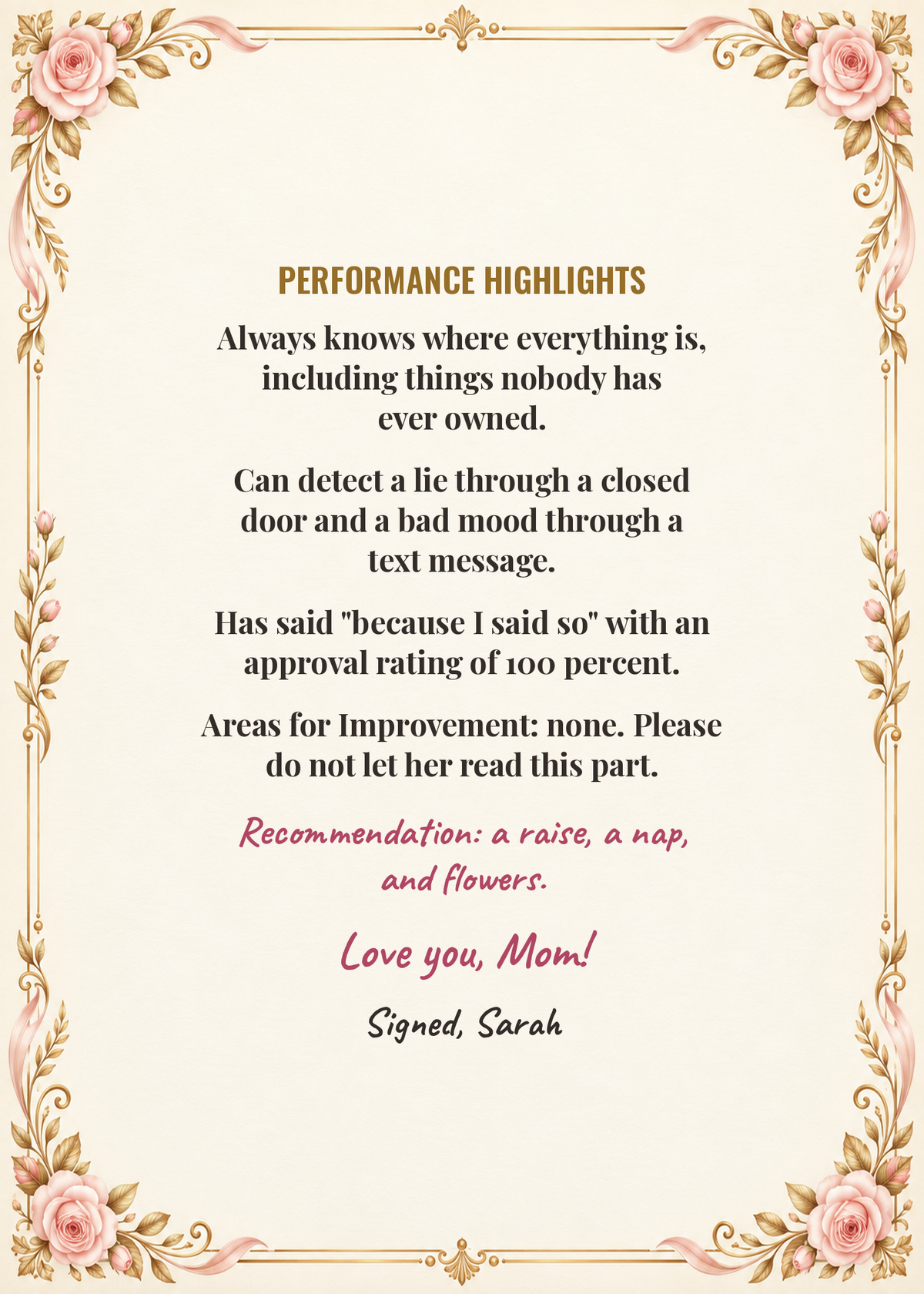 Inside of the Mom Performance Review card with funny performance highlights and sign-off