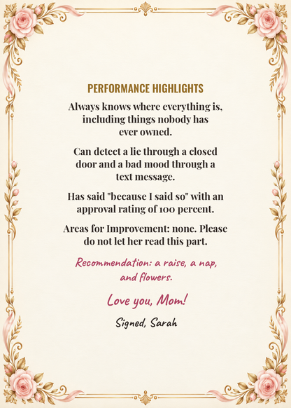 Inside of the Mom Performance Review card with funny performance highlights and sign-off
