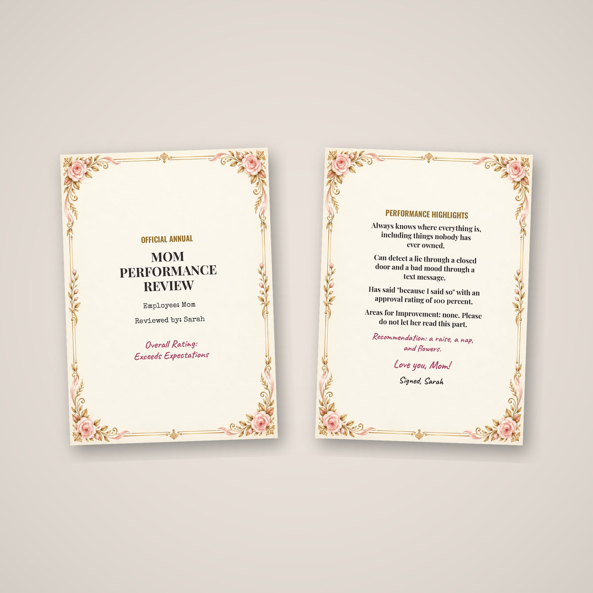 Front and inside of the Mom Performance Review card side by side