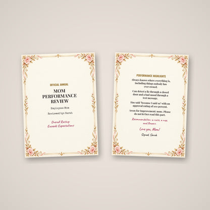 Front and inside of the Mom Performance Review card side by side