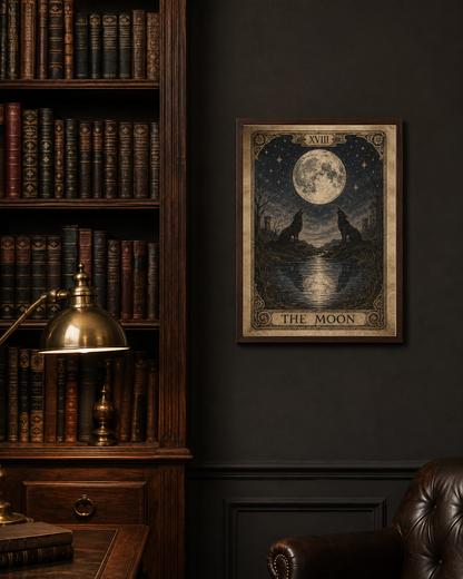 Vintage Tarot The Moon 8x10 print framed on a charcoal dark academia study wall beside a walnut bookcase and brass reading lamp