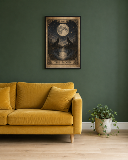 Vintage Tarot The Moon 8x10 print in a black frame on a deep forest green gallery wall above a mustard velvet sofa