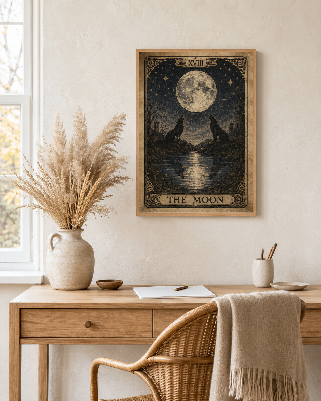 Vintage Tarot The Moon 8x10 print in an oak frame above an autumn writing desk with dried pampas grass in daylight