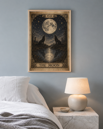 Vintage Tarot The Moon 8x10 print above a marble nightstand in a dusty blue grey bedroom with white linen bedding