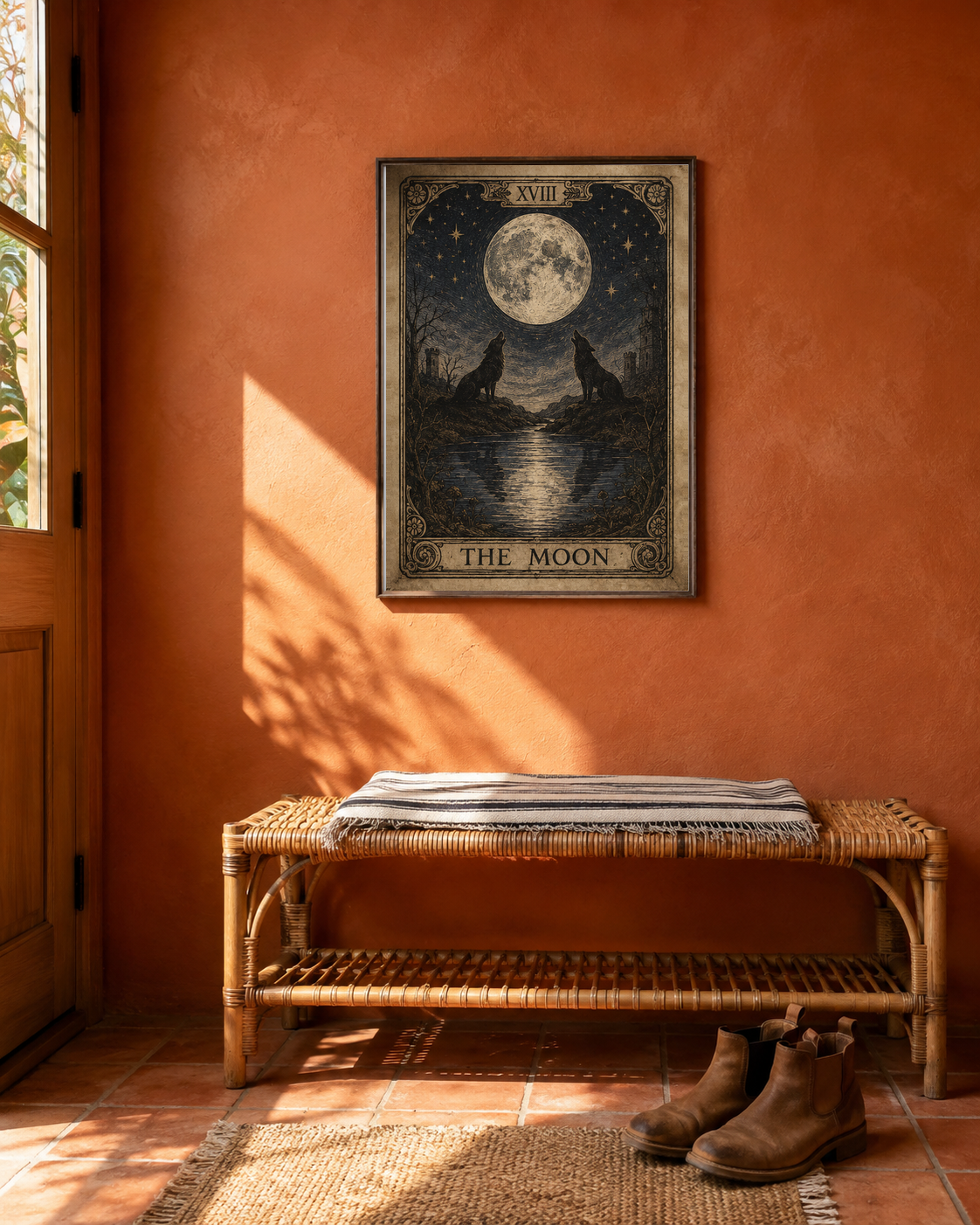 Vintage Tarot The Moon 8x10 print on a sunlit terracotta plaster entryway wall above a rattan bench