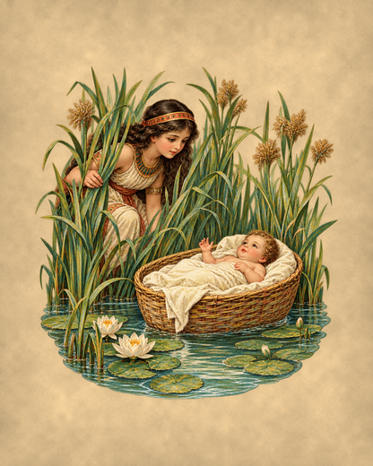 Baby Moses in the bulrushes vintage flat art on warm parchment