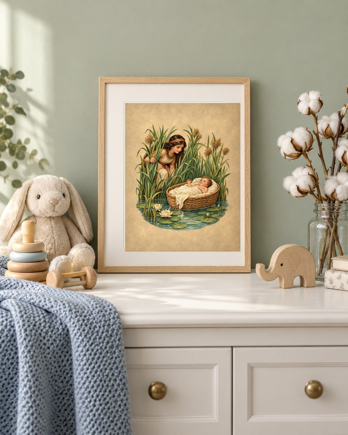Baby Moses in the bulrushes print framed on a white nursery dresser with a blue knit blanket