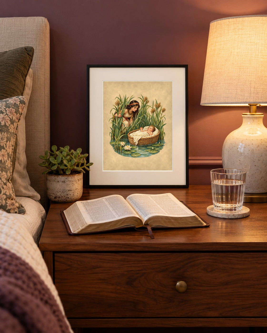Baby Moses in the bulrushes print framed on a bedside nightstand beside an open Bible