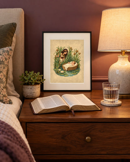 Baby Moses in the bulrushes print framed on a bedside nightstand beside an open Bible