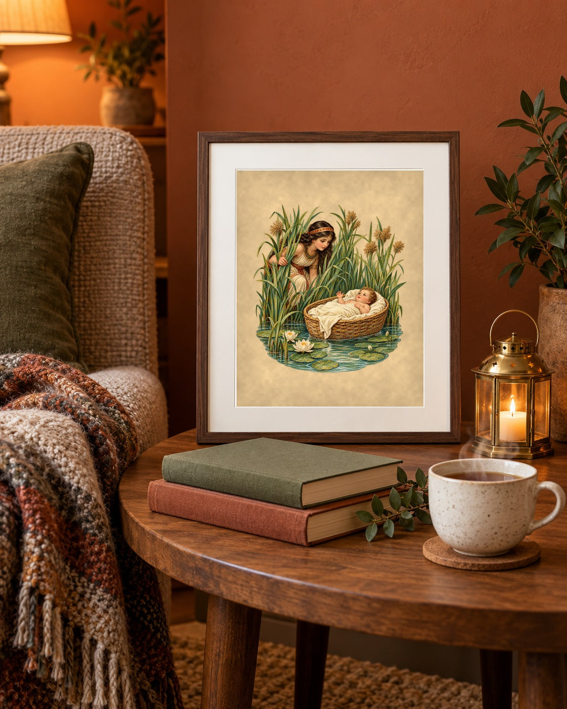 Baby Moses in the bulrushes print framed on a round side table with tea and books