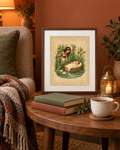 Baby Moses in the bulrushes print framed on a round side table with tea and books