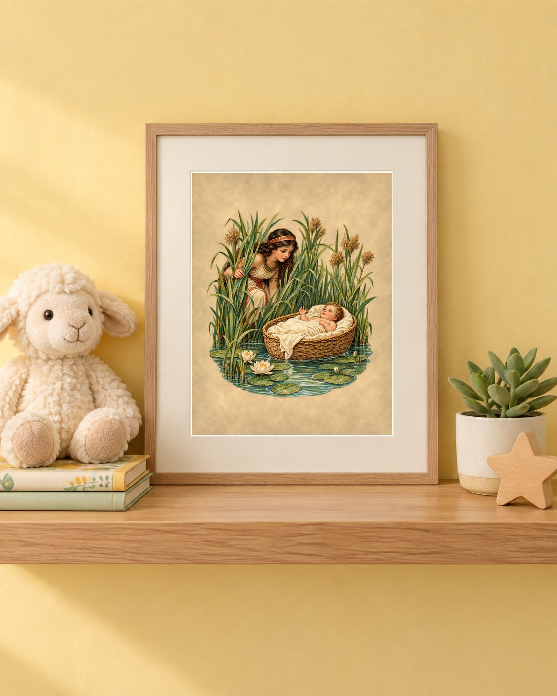 Baby Moses in the bulrushes print framed on a yellow nursery wall shelf beside a stuffed lamb